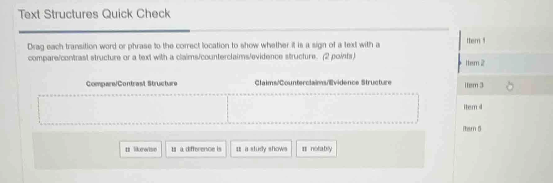 text structures quick check drag each transition word or phrase to the …