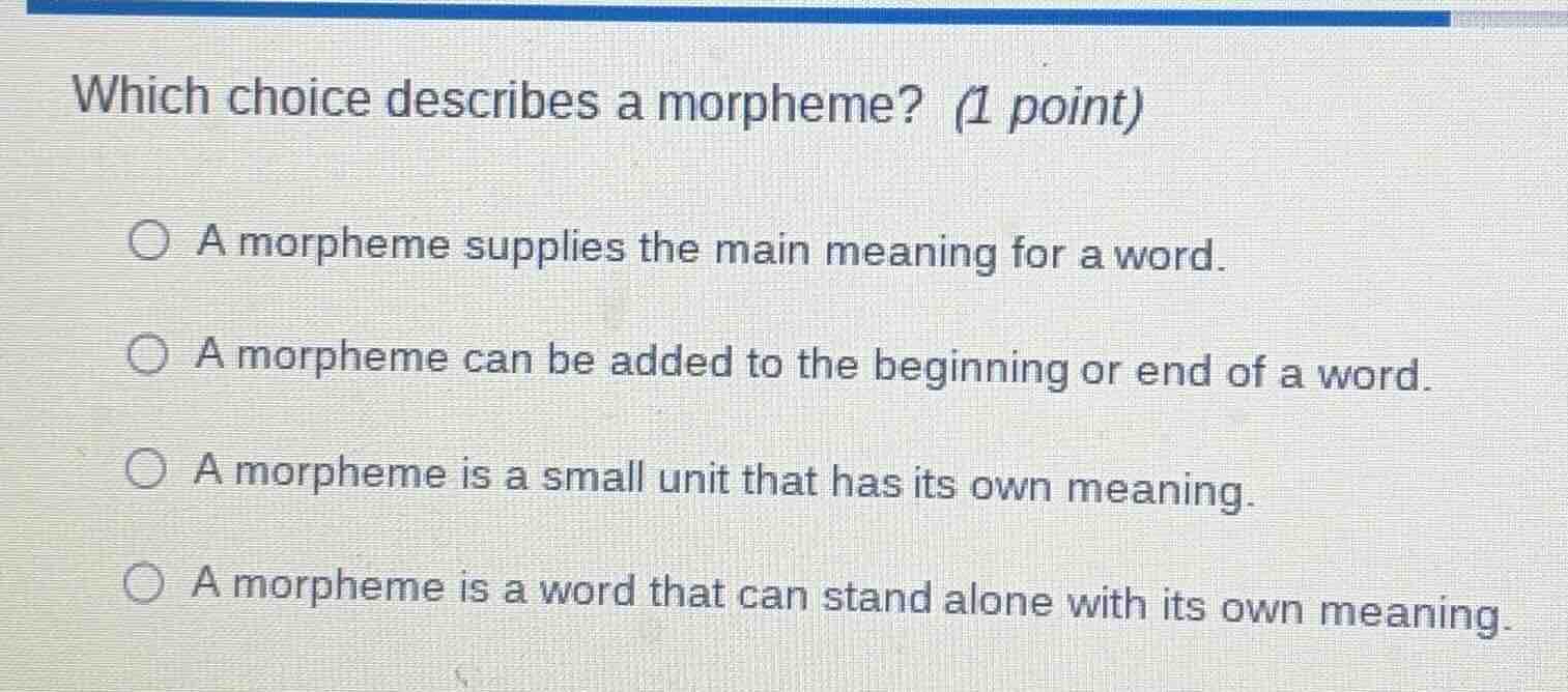 which choice describes a morpheme? (1 point) a morpheme supplies the ma…
