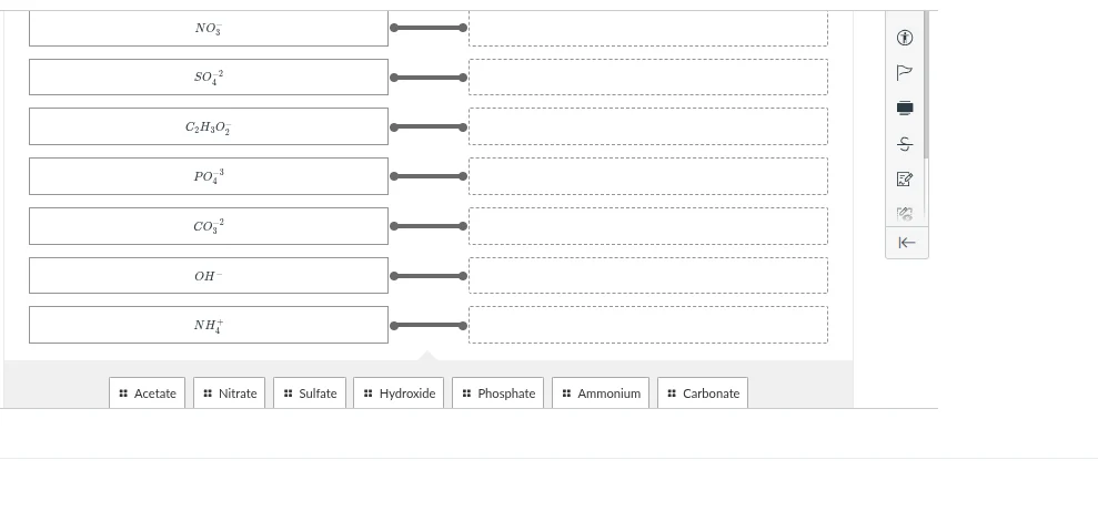no₃⁻ so₄²⁻ c₂h₃o₂⁻ po₄³⁻ co₃²⁻ oh⁻ nh₄⁺ acetate nitrate sulfate hydroxi…