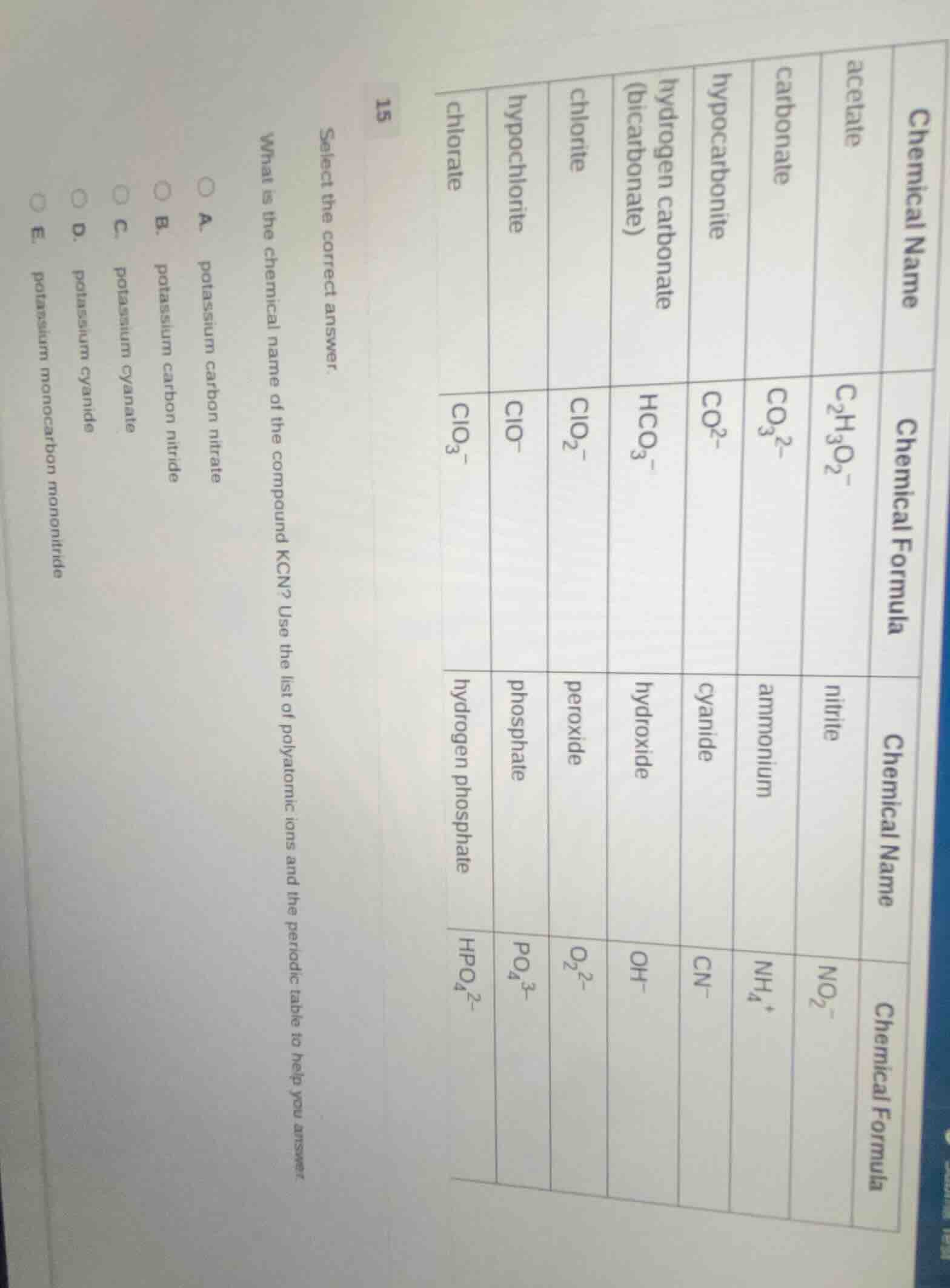 15 select the correct answer. what is the chemical name of the compound…