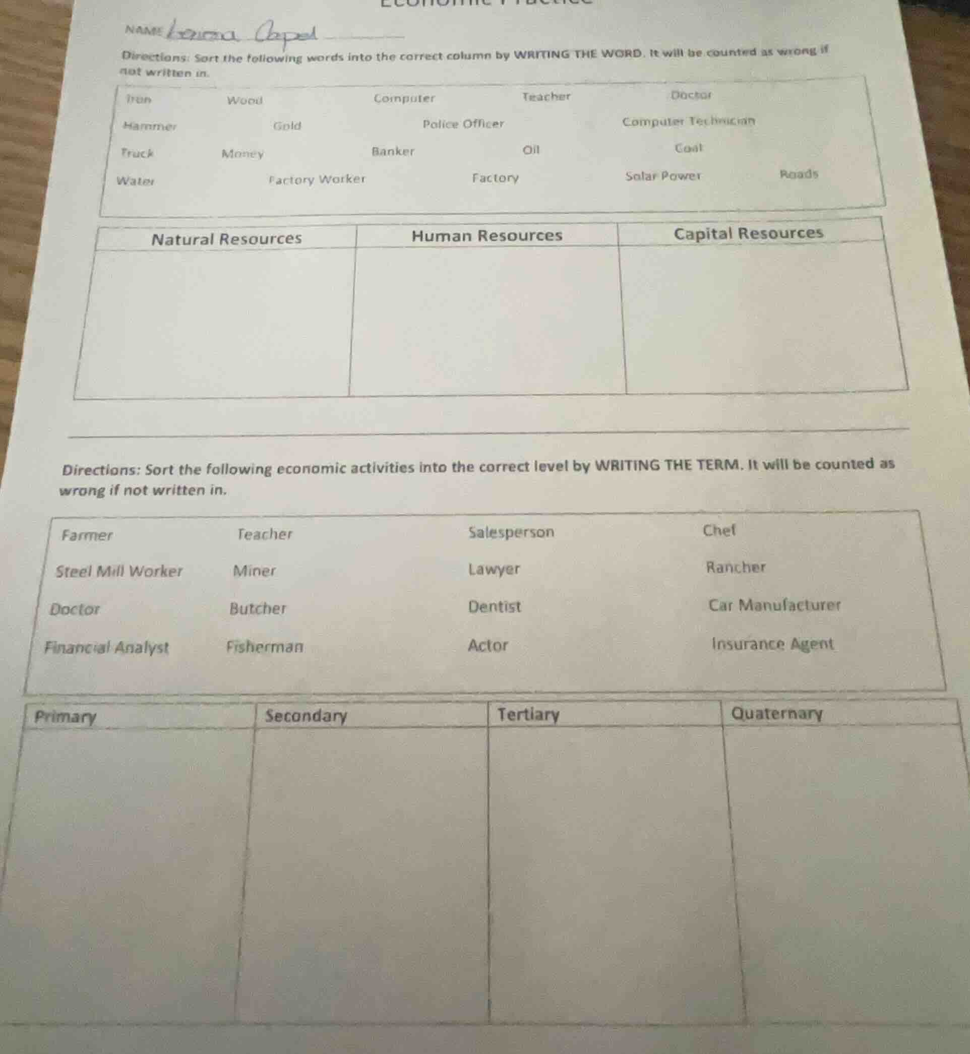 name directions: sort the following words into the correct column by wr…