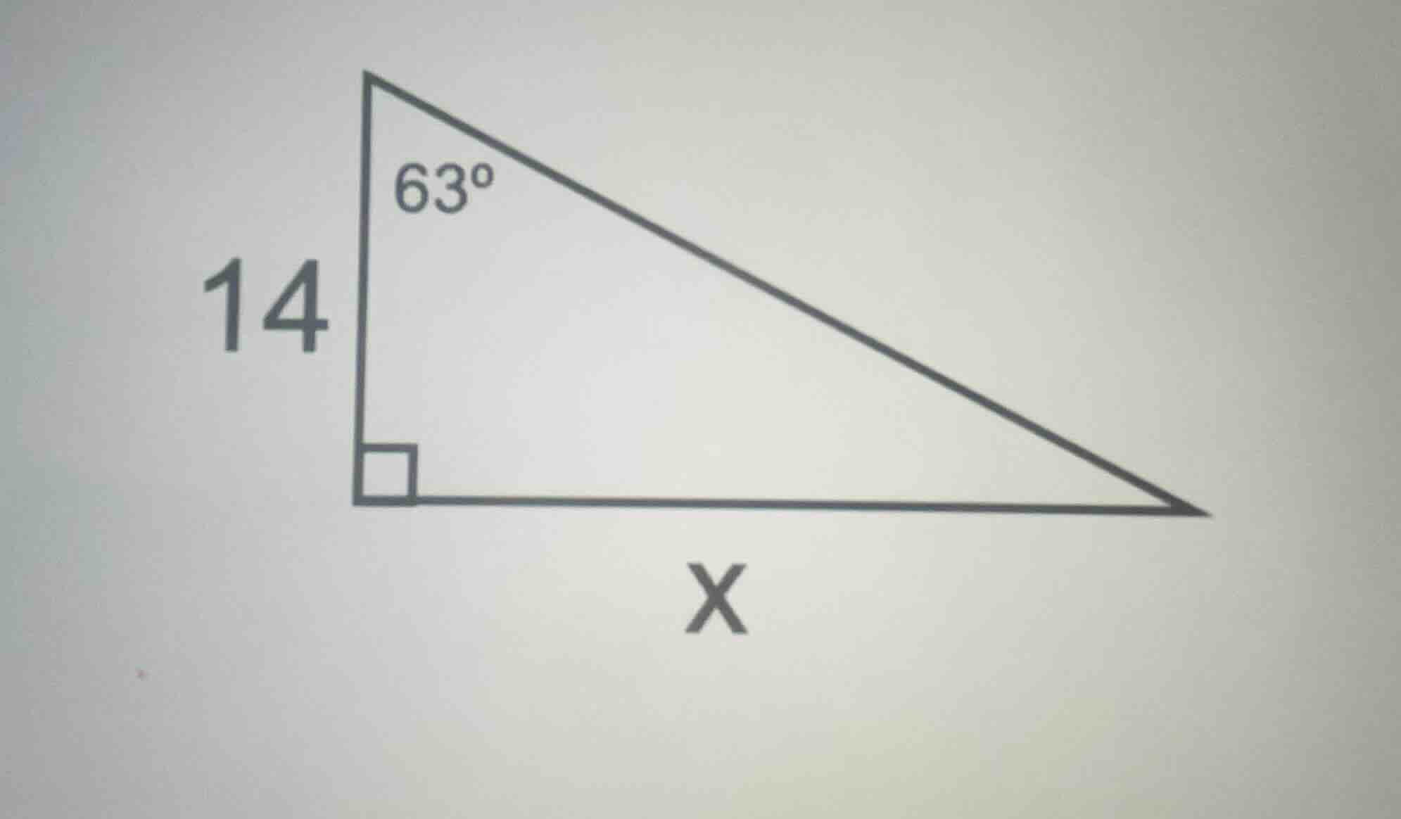 in the right triangle, one leg is 14, one acute angle is 63°, and the o…