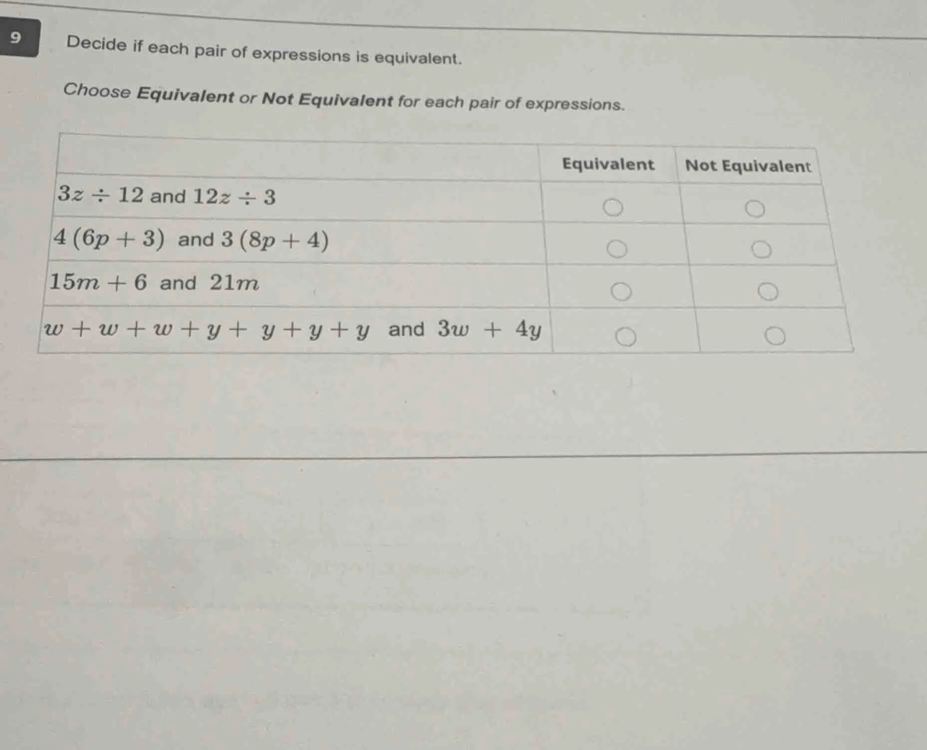 9 decide if each pair of expressions is equivalent. choose equivalent o…