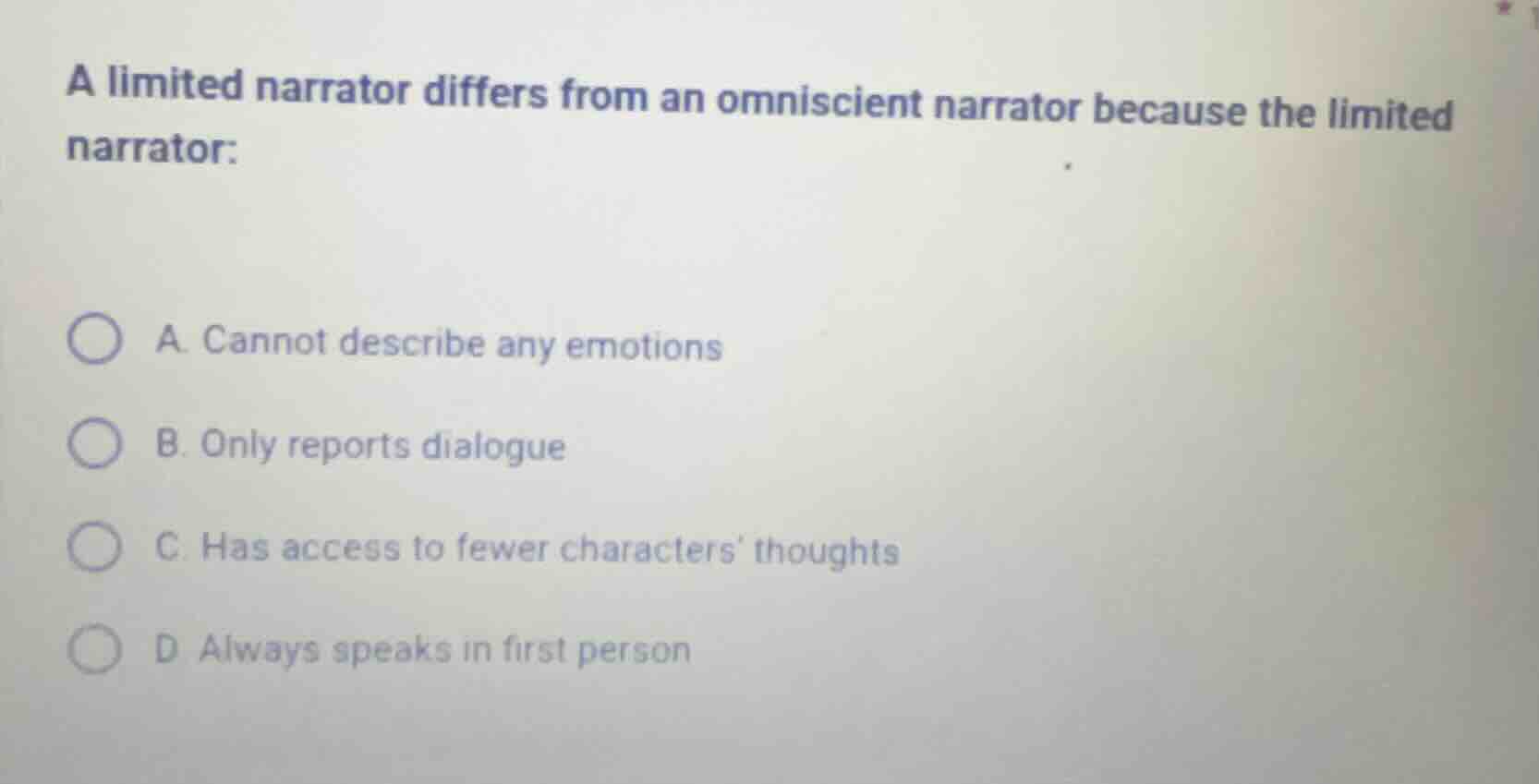 a limited narrator differs from an omniscient narrator because the limi…