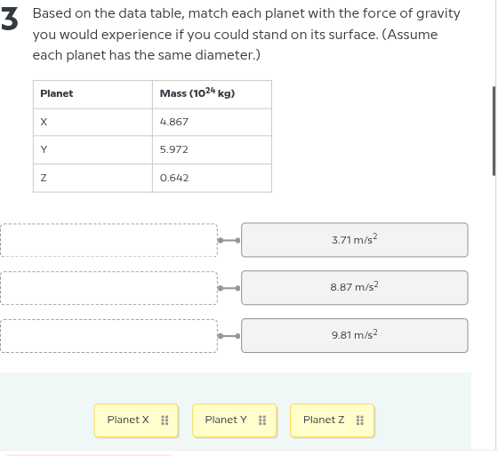 3 based on the data table, match each planet with the force of gravity …