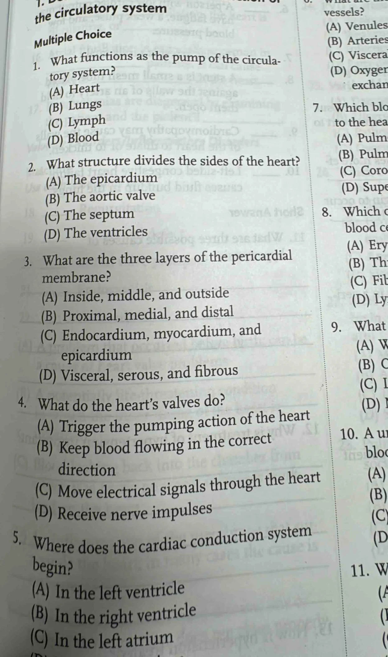 the circulatory system multiple choice 1. what functions as the pump of…