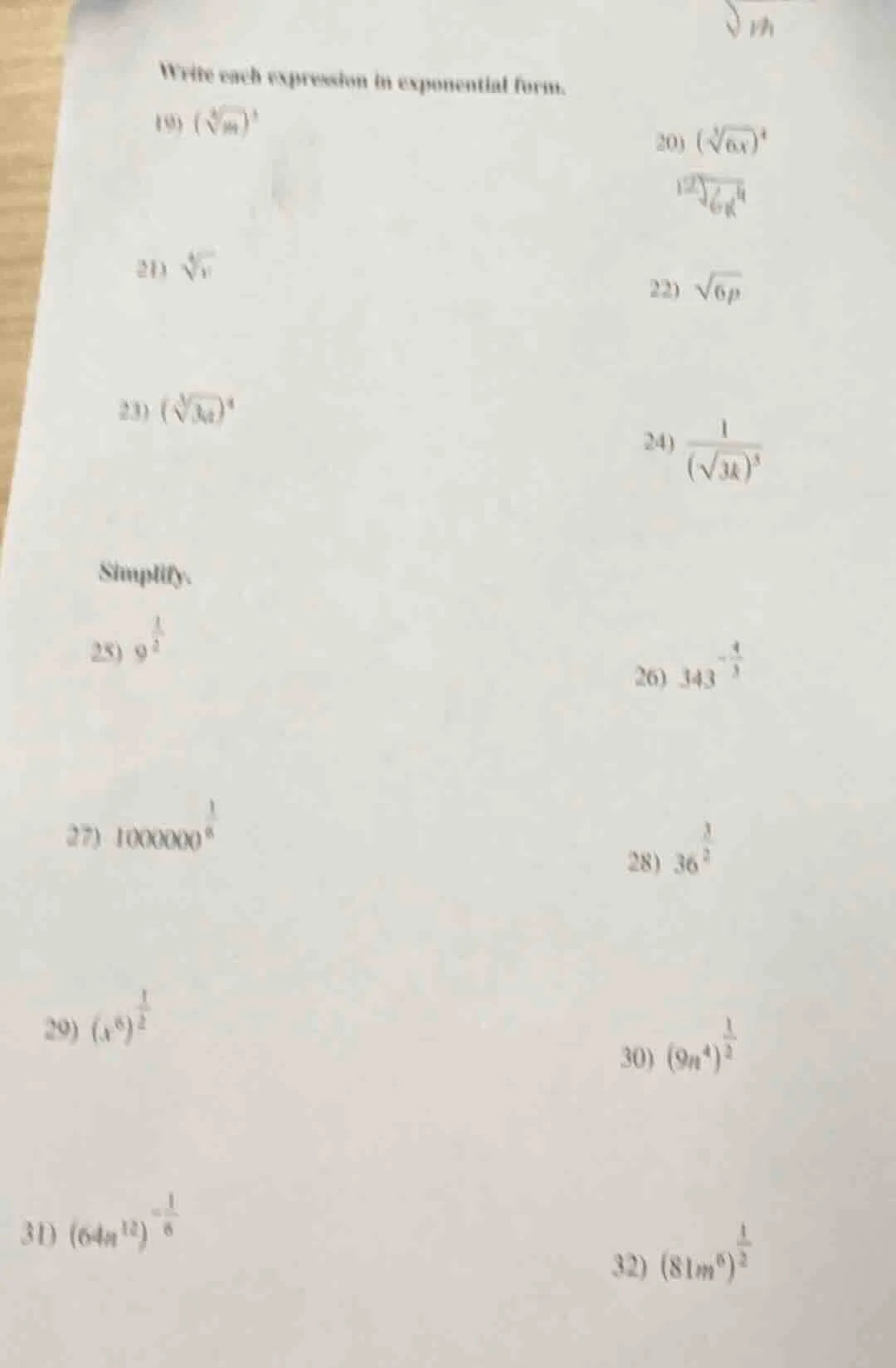 write each expression in exponential form. 19) $(sqrt4{m})^3$ 20) $(sqr…