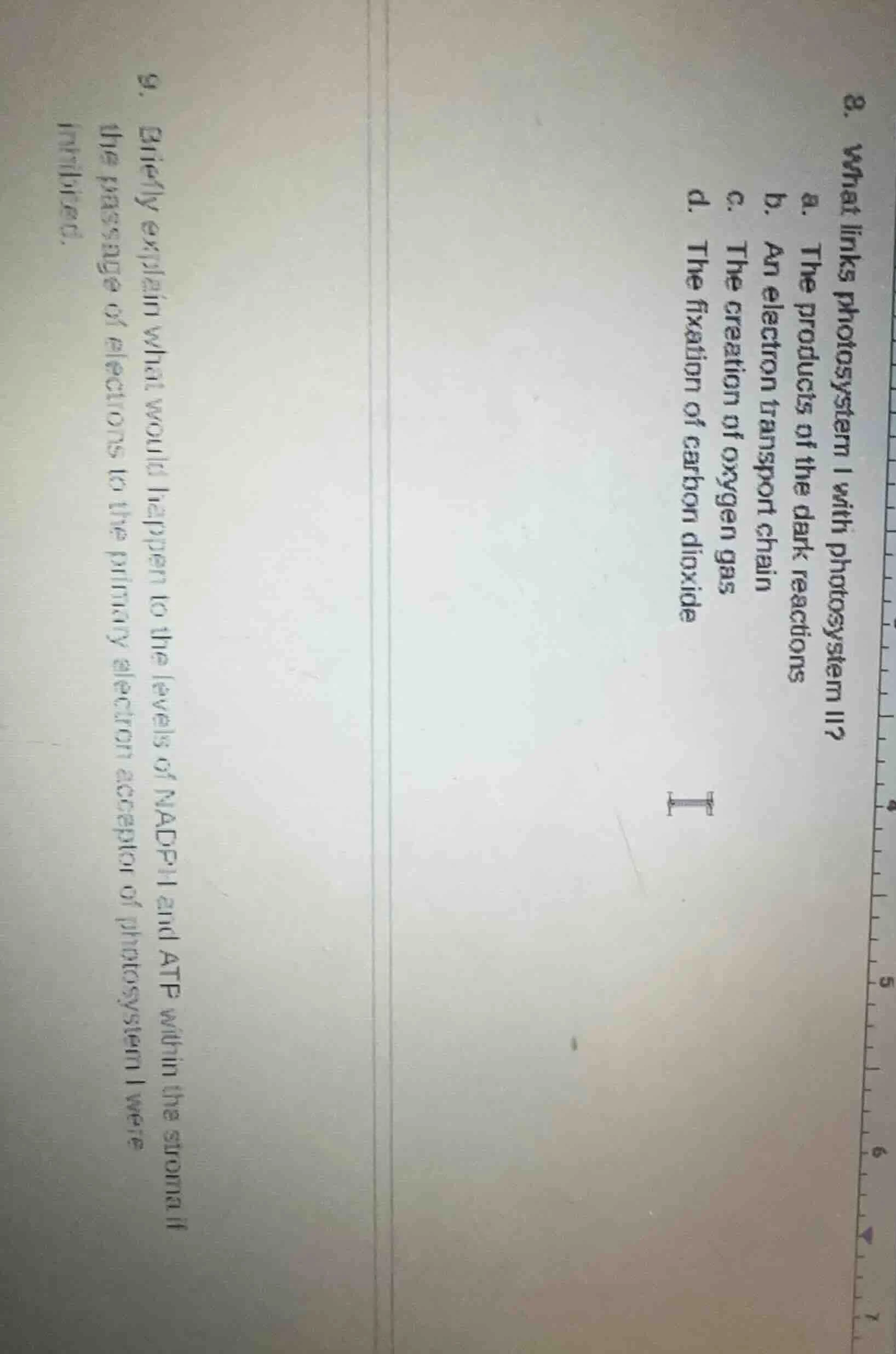 8. what links photosystem i with photosystem ii? a. the products of the…