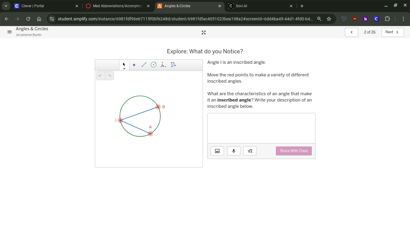 explore: what do you notice? angle i is an inscribed angle. move the re…