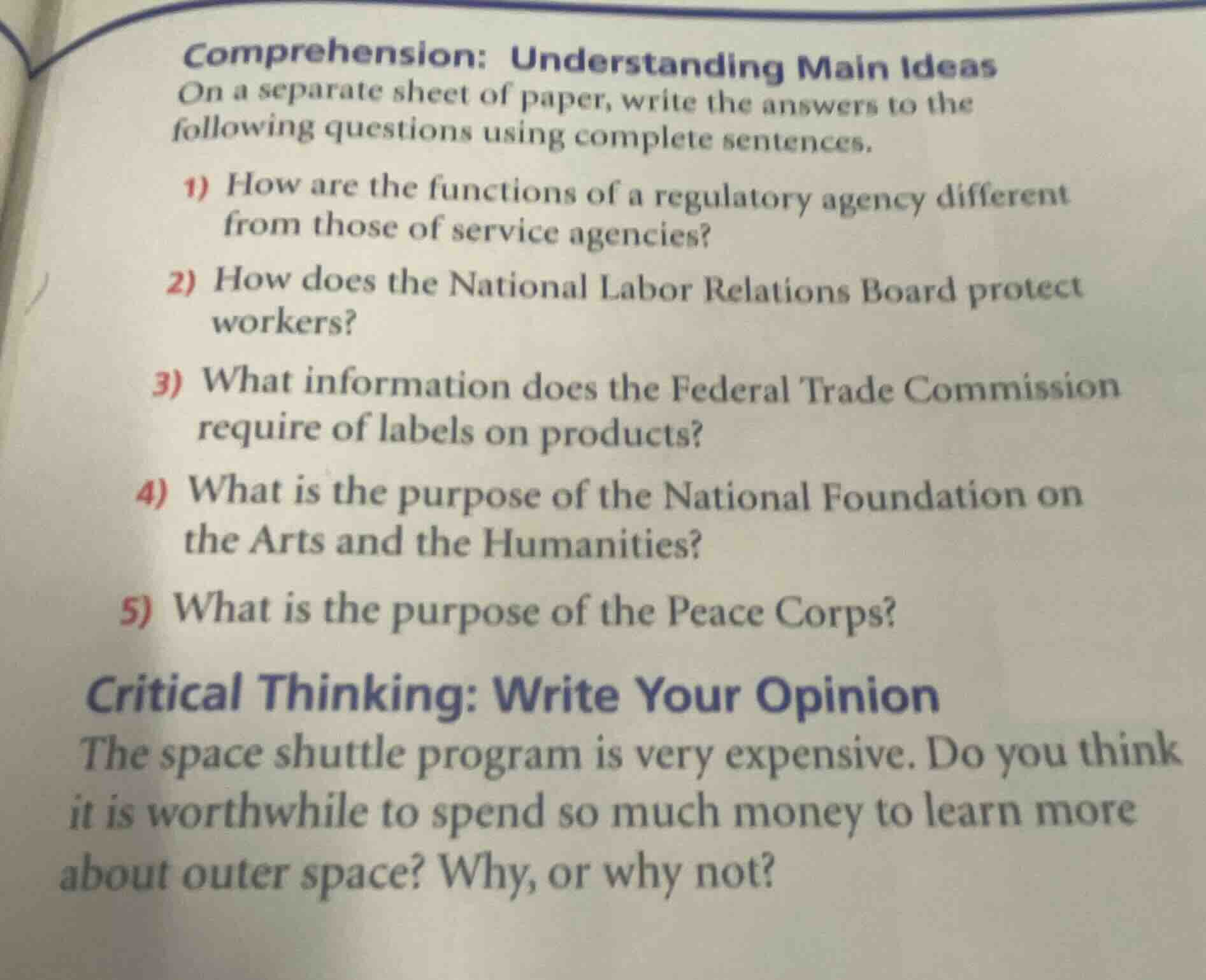 comprehension: understanding main ideas on a separate sheet of paper, w…