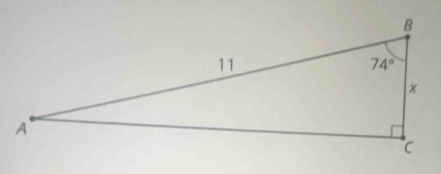 in the triangle figure, side ab is 11, angle at b is 74 degrees, angle …