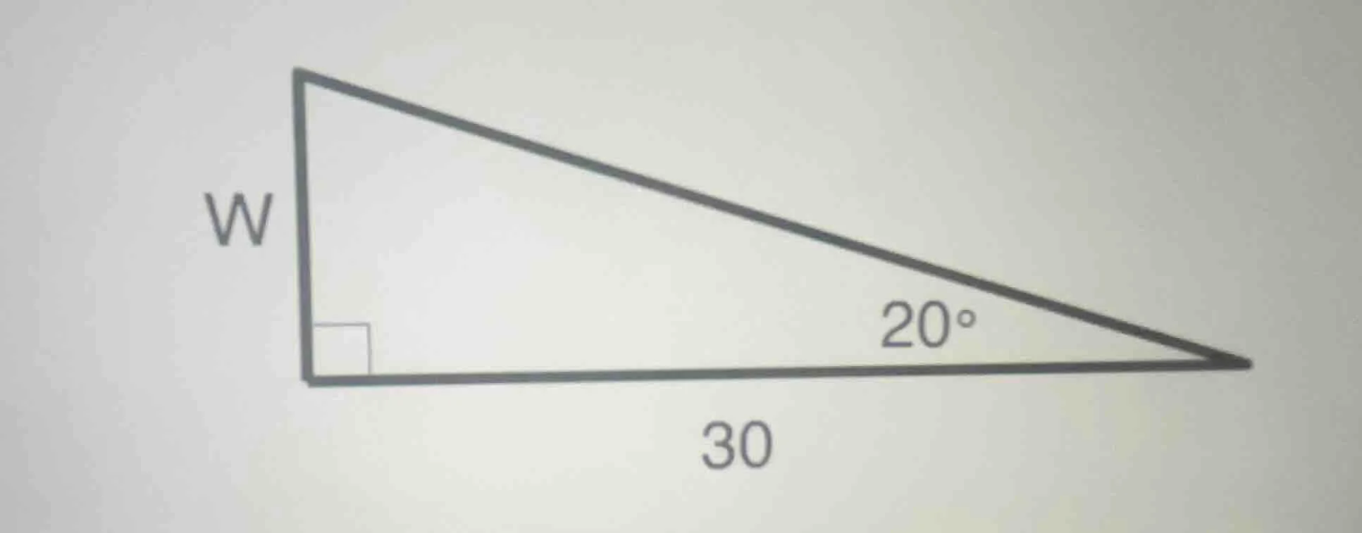 in the right triangle, one leg is 30, one acute angle is 20°, and we ne…