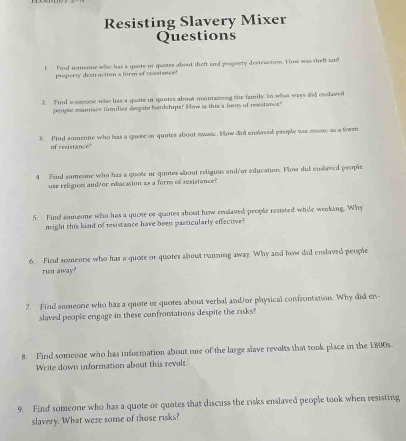 resisting slavery mixer questions 1 find someone who has a quote or quo…