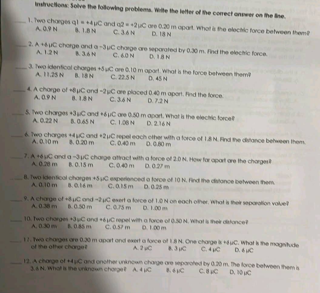 instructions: solve the following problems. write the letter of the cor…