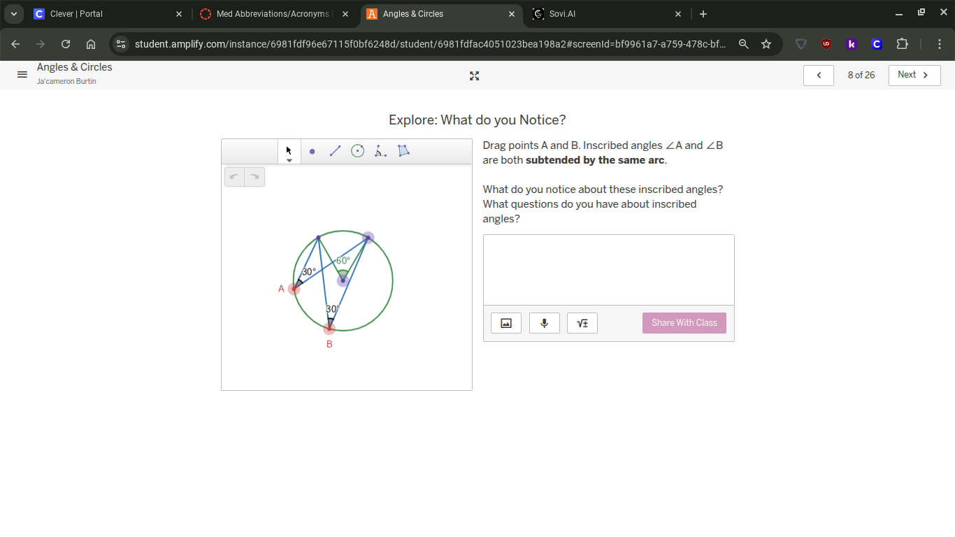 explore: what do you notice? drag points a and b. inscribed angles ∠a a…