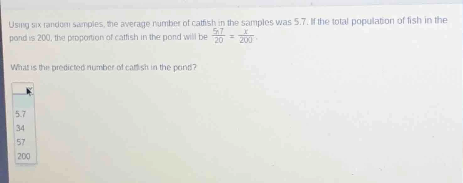 using six random samples, the average number of catfish in the samples …