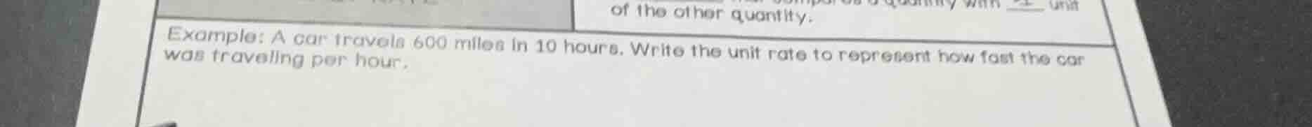 example: a car travels 600 miles in 10 hours. write the unit rate to re…