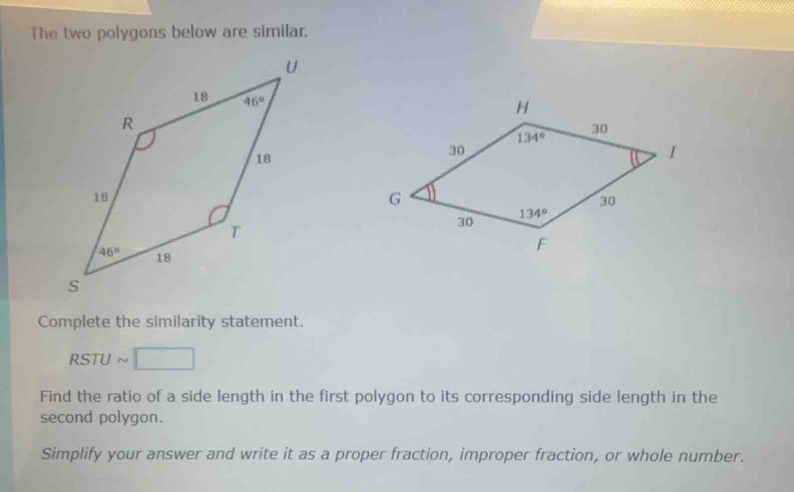 the two polygons below are similar. complete the similarity statement. …