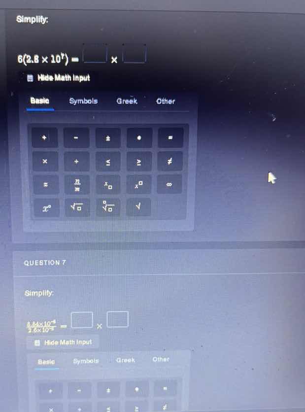 simplify: $6(2.8 \\times 10^4)=\\square \\times \\square$ hide math inp…