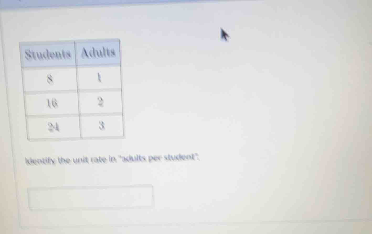 students adults 8 1 16 2 24 3 identify the unit rate in \adults per stu…