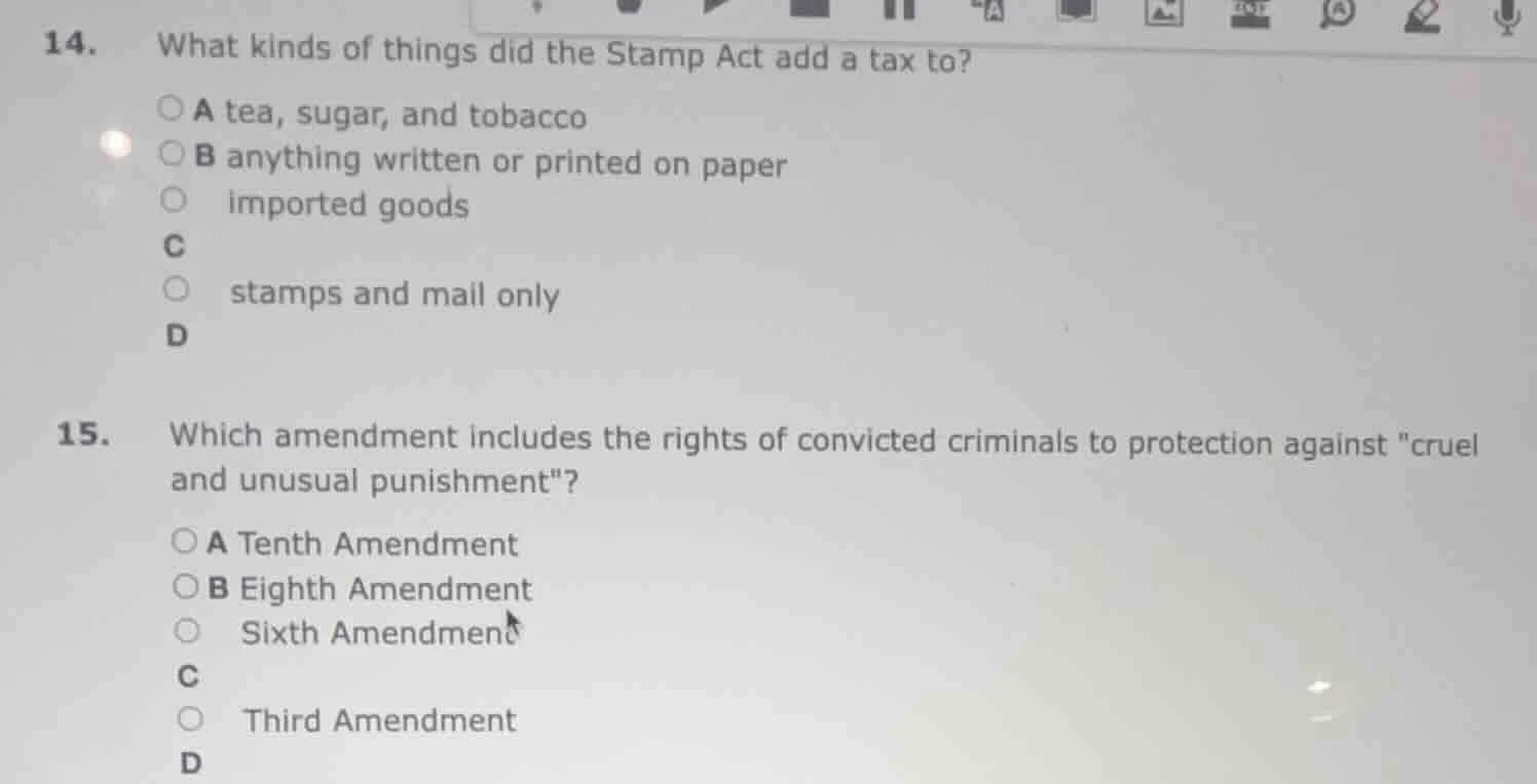 14. what kinds of things did the stamp act add a tax to? a tea, sugar, …
