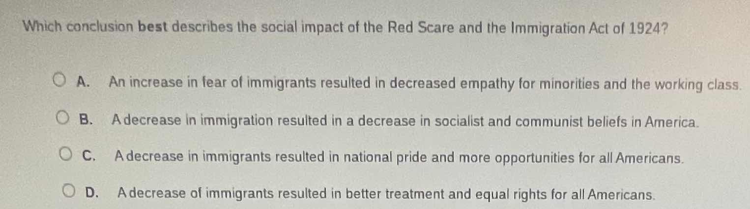 which conclusion best describes the social impact of the red scare and …