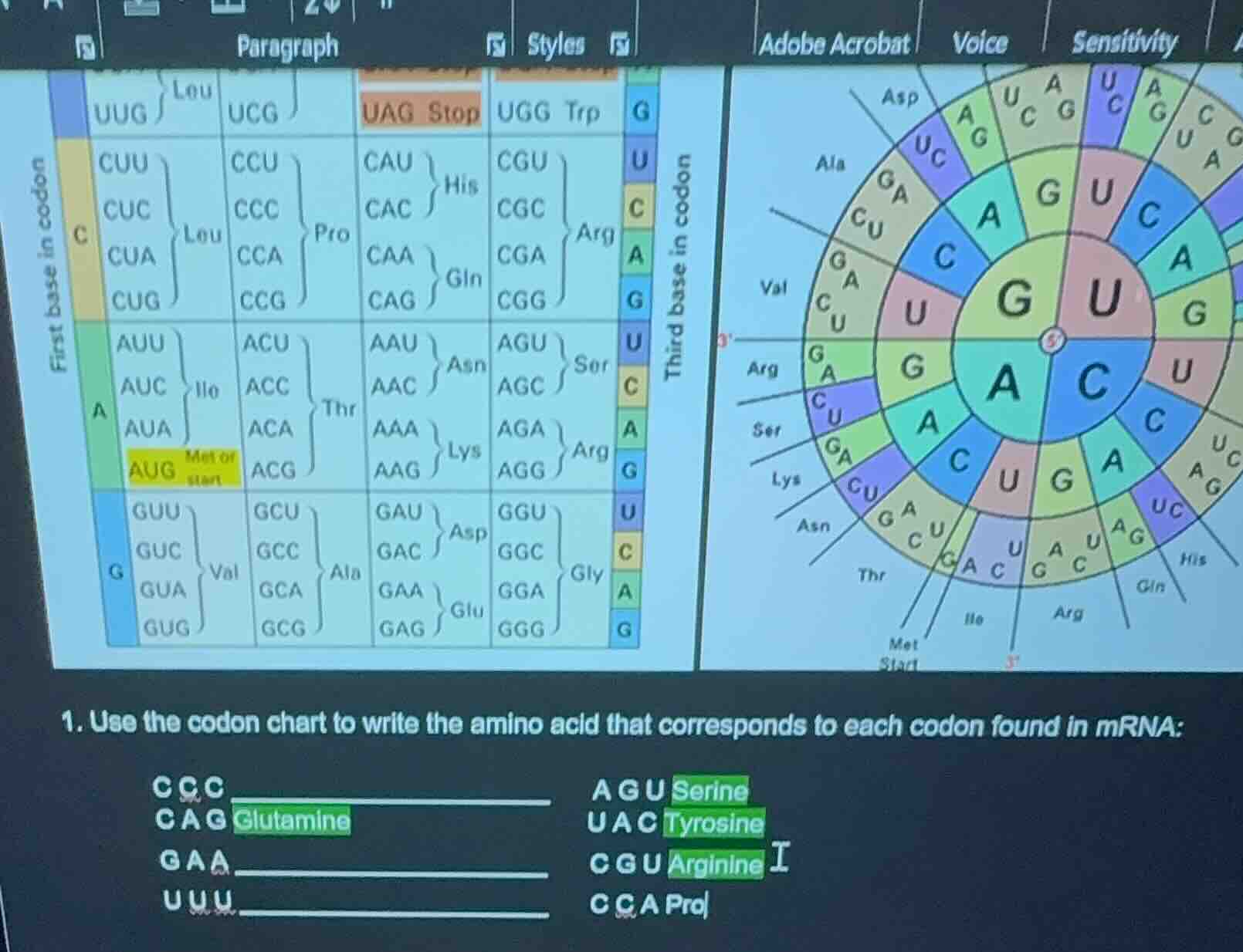 1. use the codon chart to write the amino acid that corresponds to each…