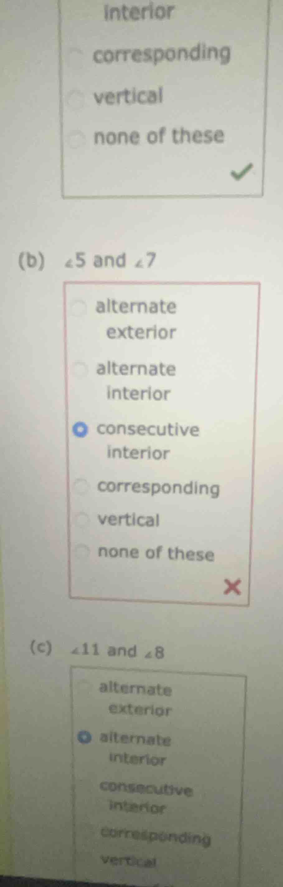 (b) ∠5 and ∠7 (c) ∠11 and ∠8