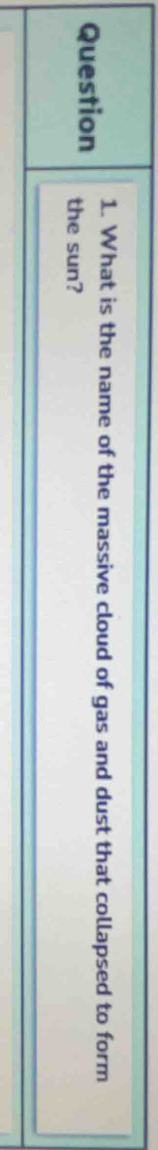 question 1. what is the name of the massive cloud of gas and dust that …