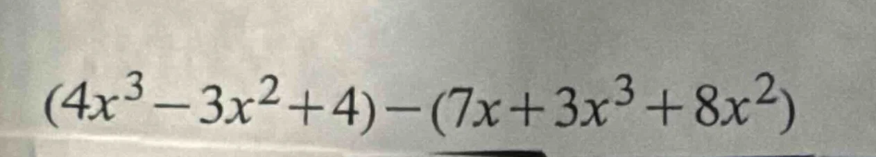 (4x³ - 3x² + 4) - (7x + 3x³ + 8x²)