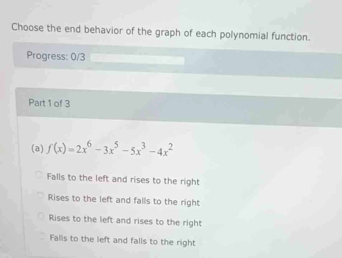 choose the end behavior of the graph of each polynomial function. progr…