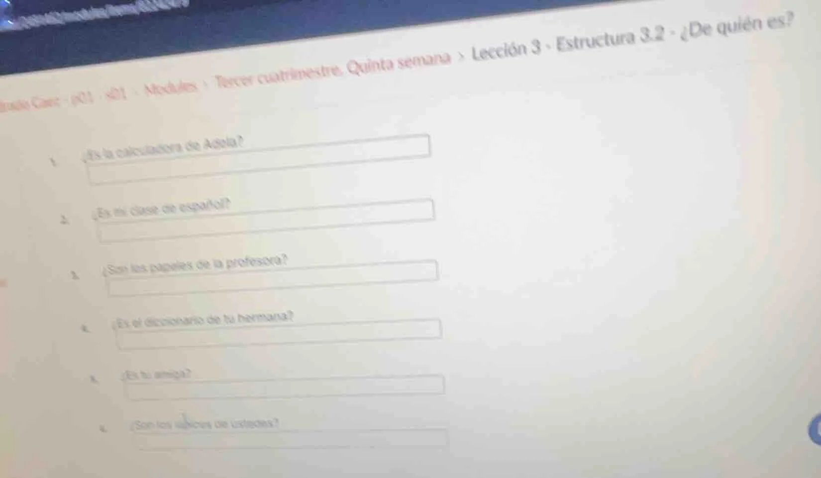 1. ¿es la calculadora de aisha? 2. ¿es tu clase de español? 3. ¿son los…