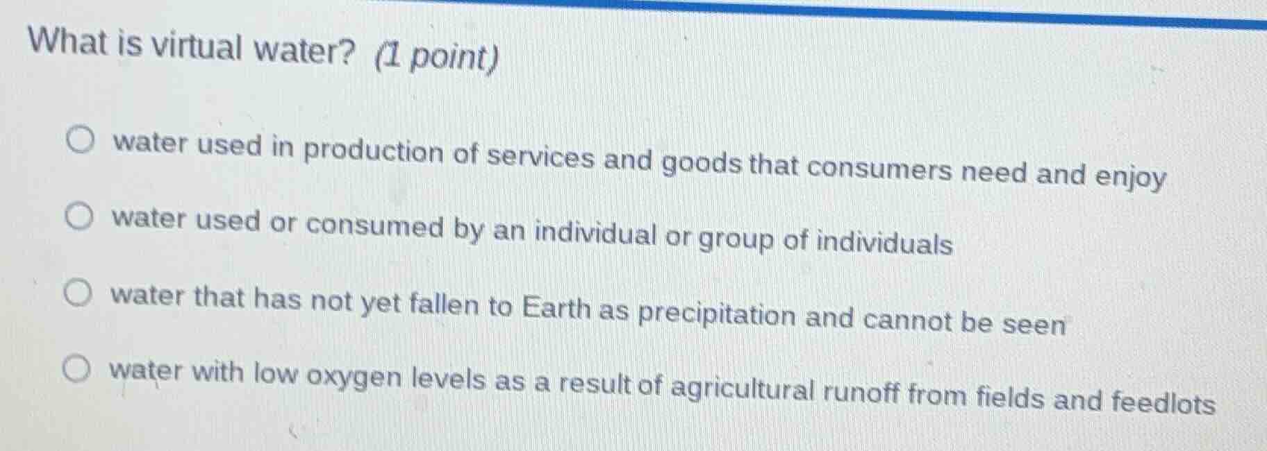 what is virtual water? (1 point) water used in production of services a…
