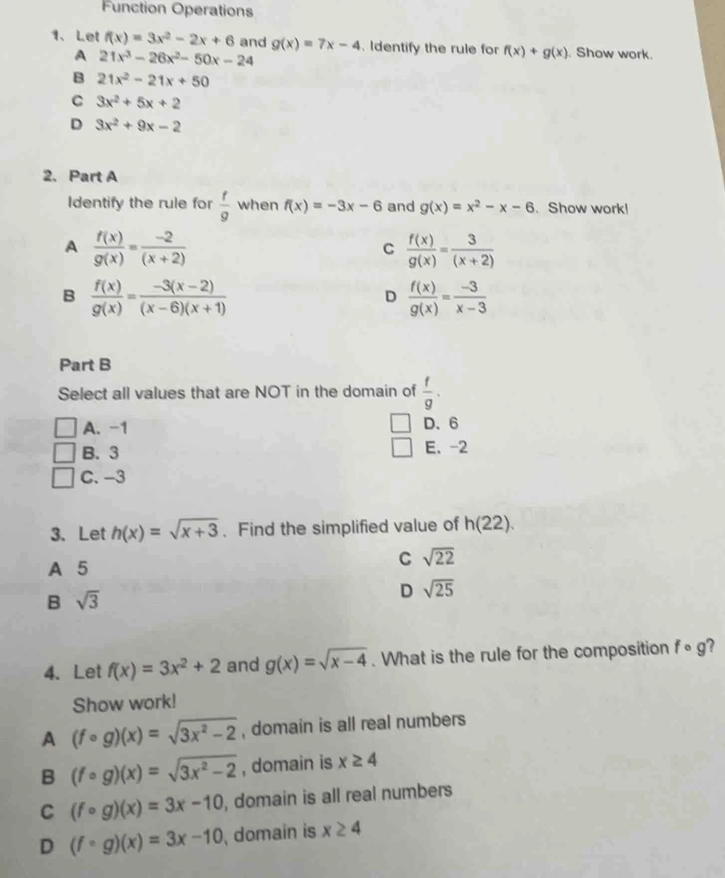 function operations 1、let ( f(x) = 3x^2 - 2x + 6 ) and ( g(x) = 7x - 4 …
