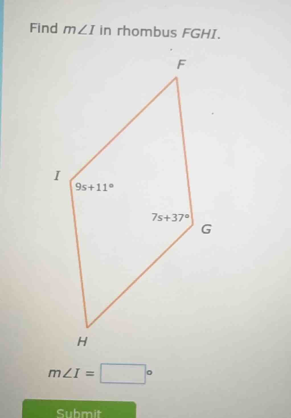 find ( mangle i ) in rhombus ( fghi ). ( mangle i = square^circ ) submit