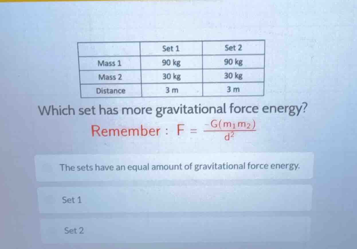 | | set 1 | set 2 | | mass 1 | 90 kg | 90 kg | | mass 2 | 30 kg | 30 kg…