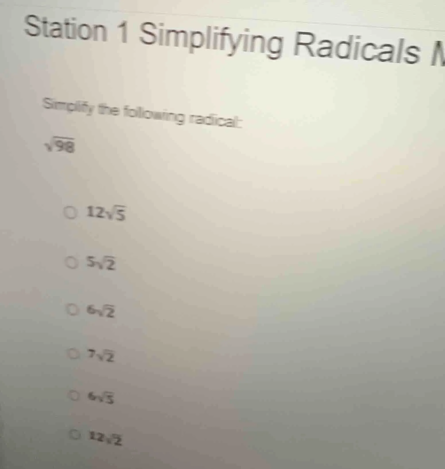 station 1 simplifying radicals \ simplify the following radical: \\(\\s…