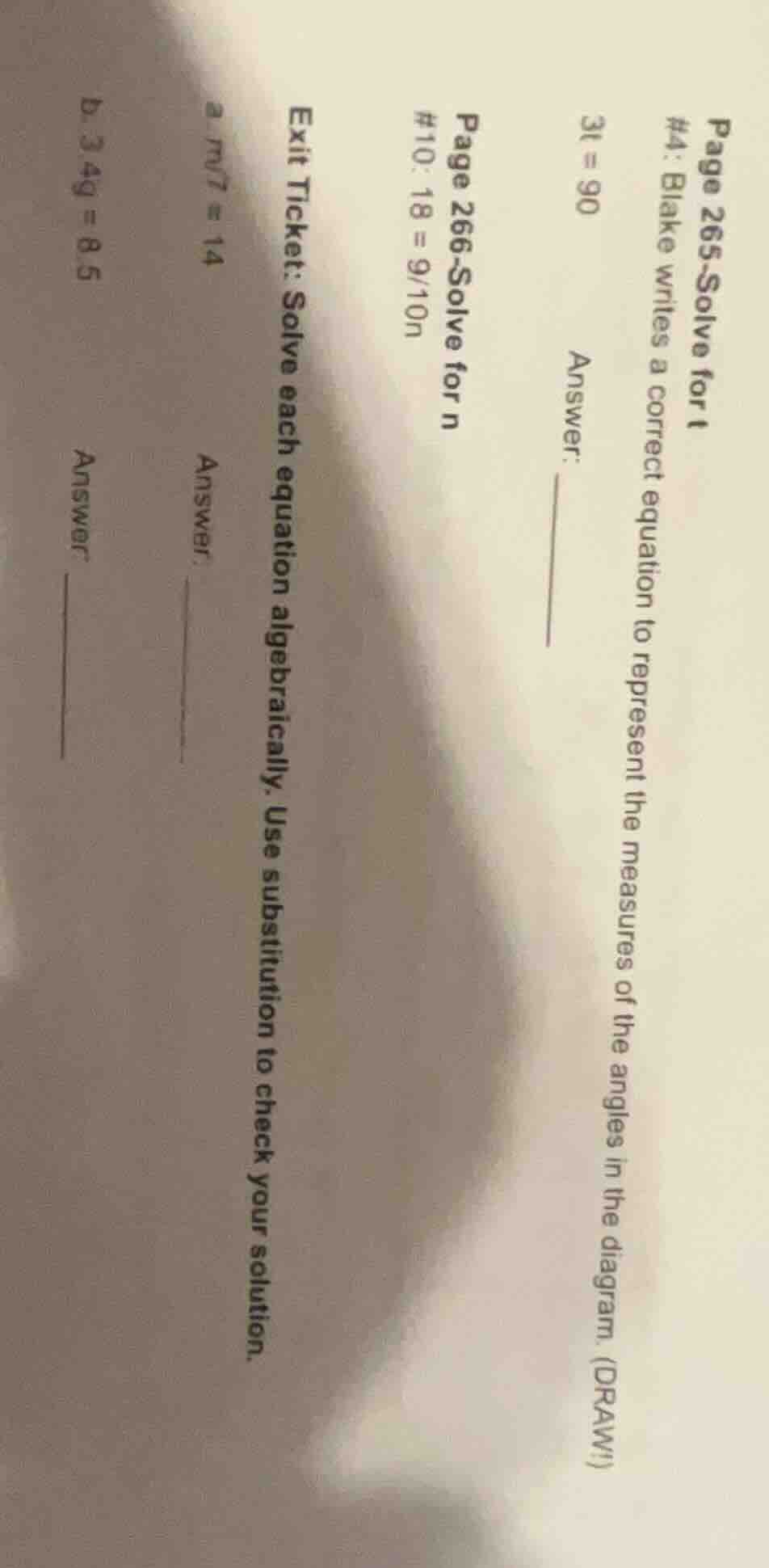 page 265 - solve for t #4: blake writes a correct equation to represent…