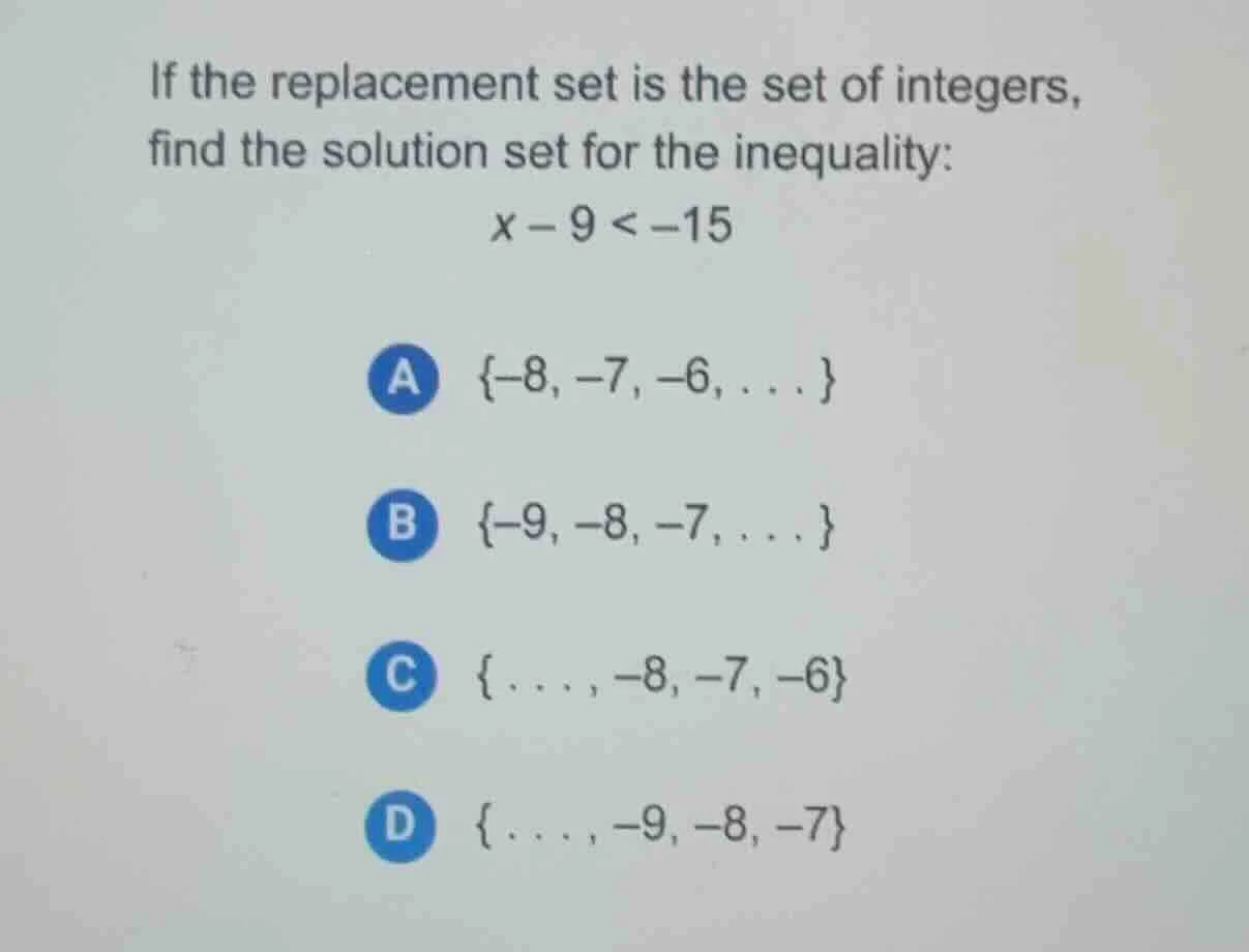 if the replacement set is the set of integers, find the solution set fo…