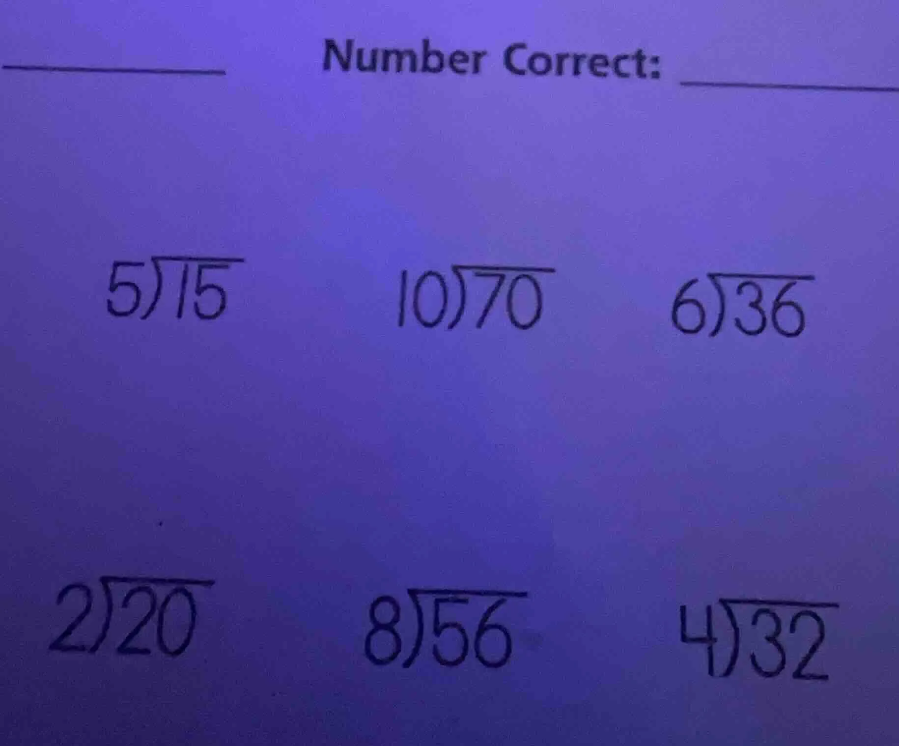 number correct: \\(5\\enclose{longdiv}{15}\\) \\(10\\enclose{longdiv}{7…
