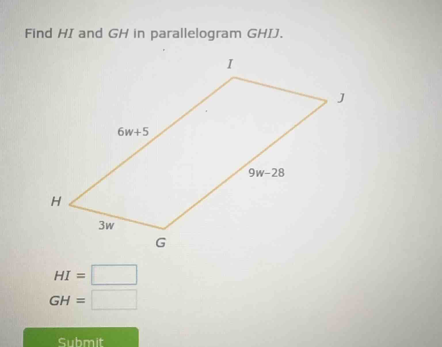 find hi and gh in parallelogram ghij. hi = gh =