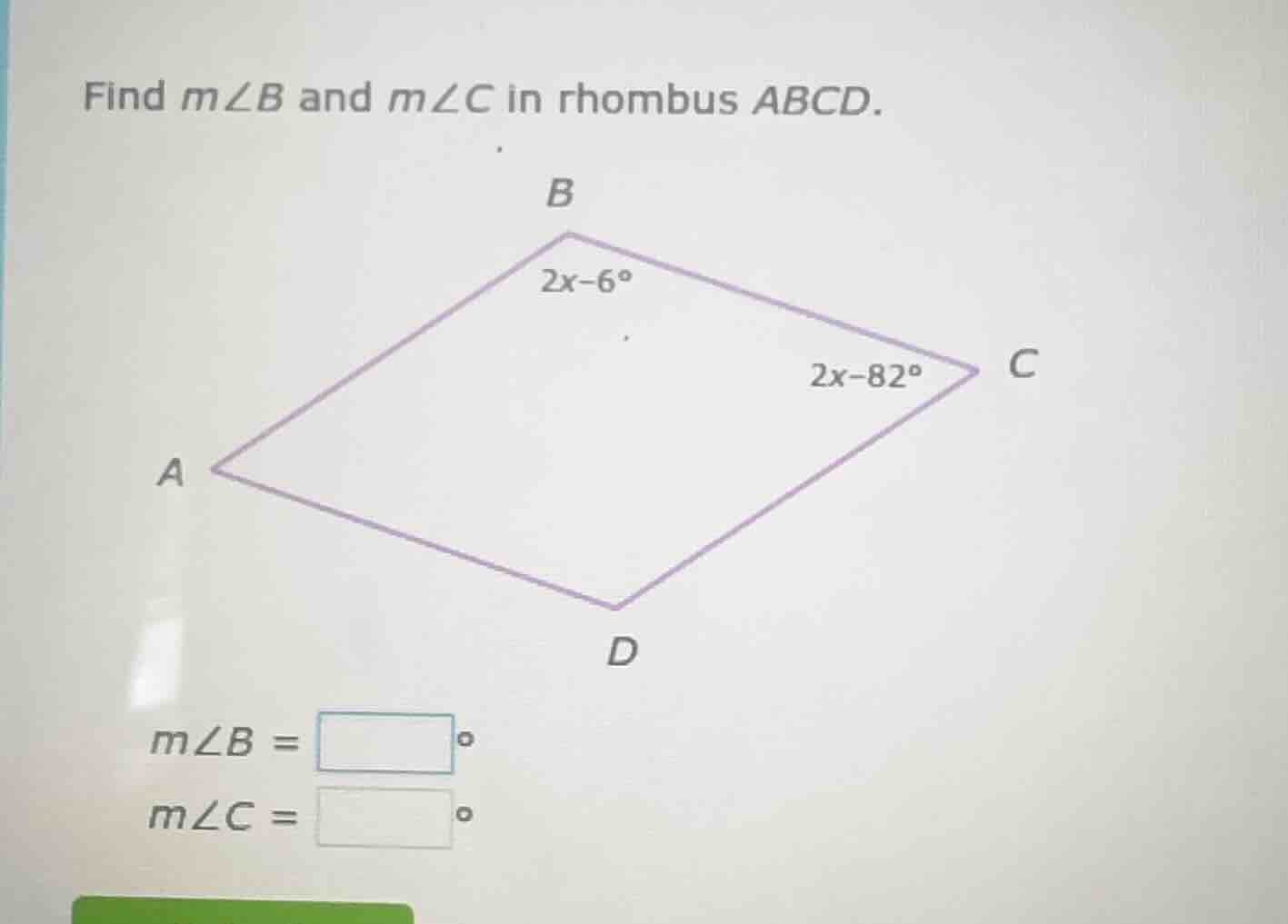 find ( mangle b ) and ( mangle c ) in rhombus ( abcd ). ( mangle b = sq…