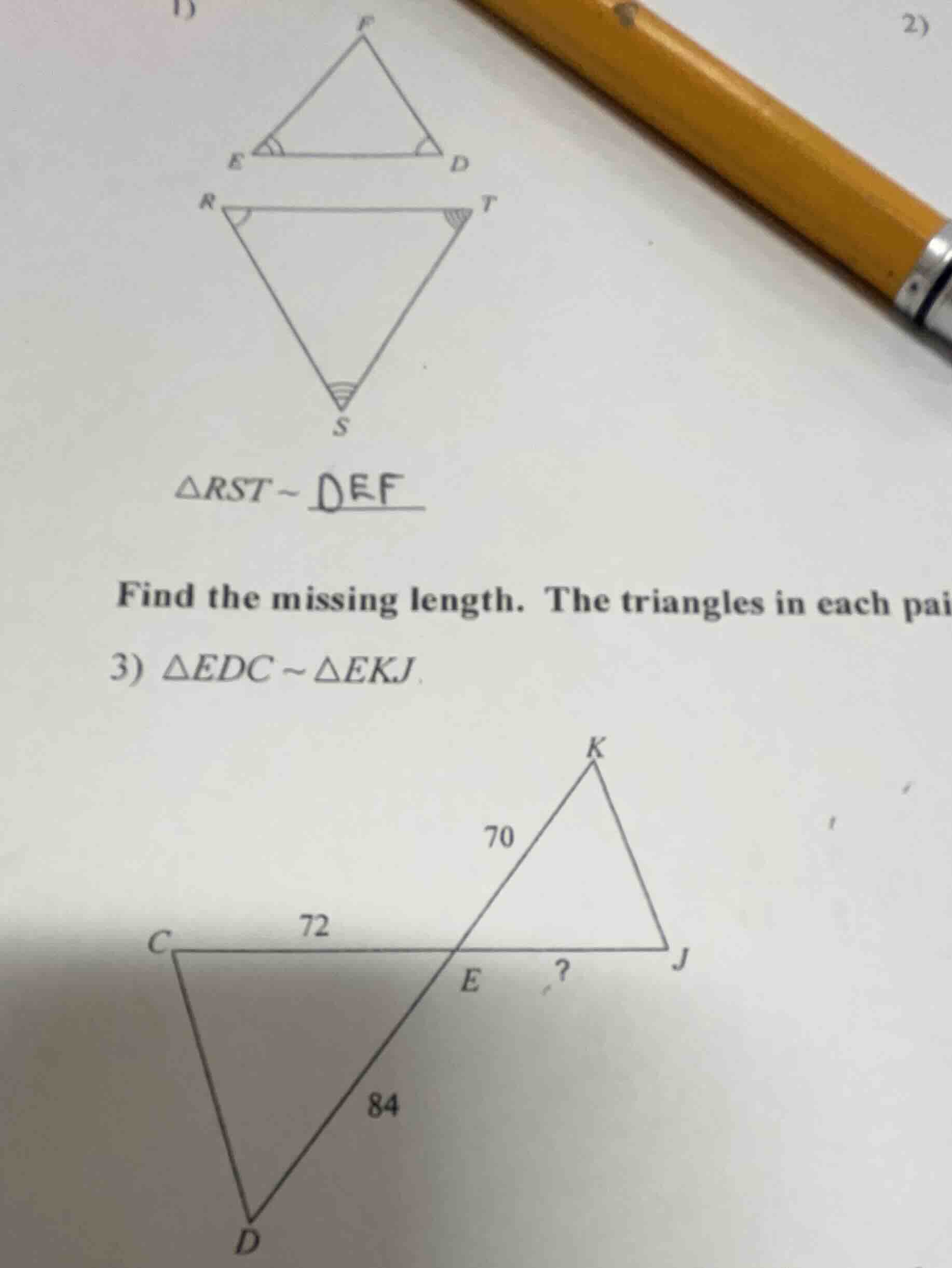 1) △rst ~ ____ find the missing length. the triangles in each pai 3) △e…