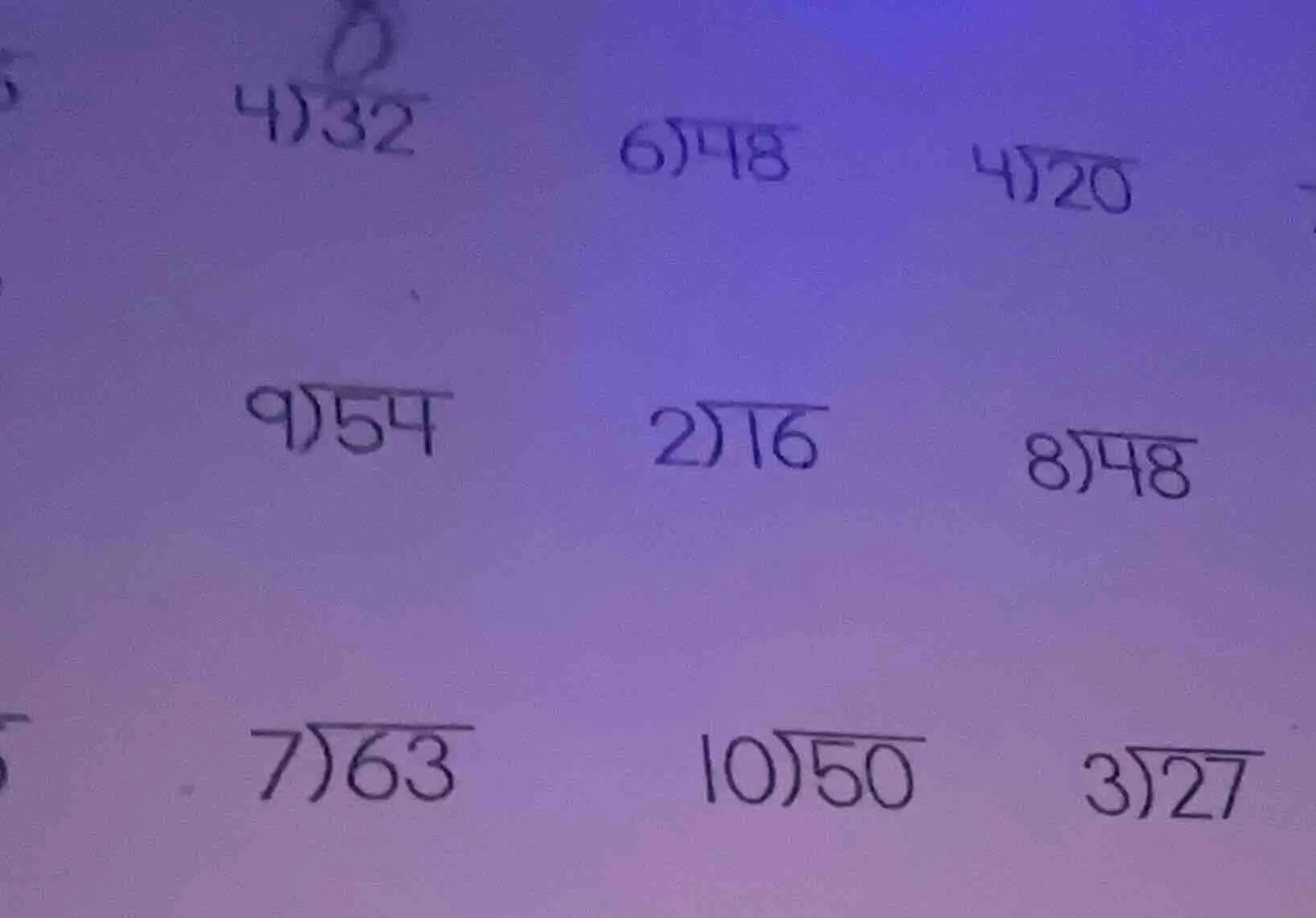 4)32 6)48 4)20 9)54 2)16 8)48 7)63 10)50 3)27