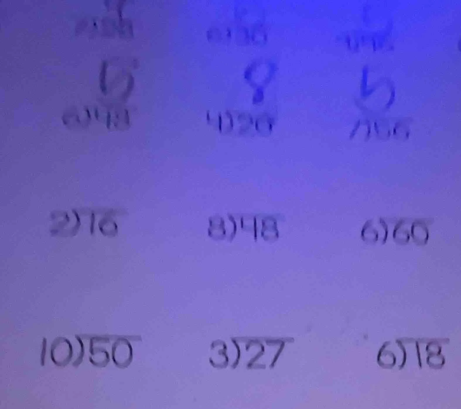 2)16 8)48 6)60 10)50 3)27 6)18
