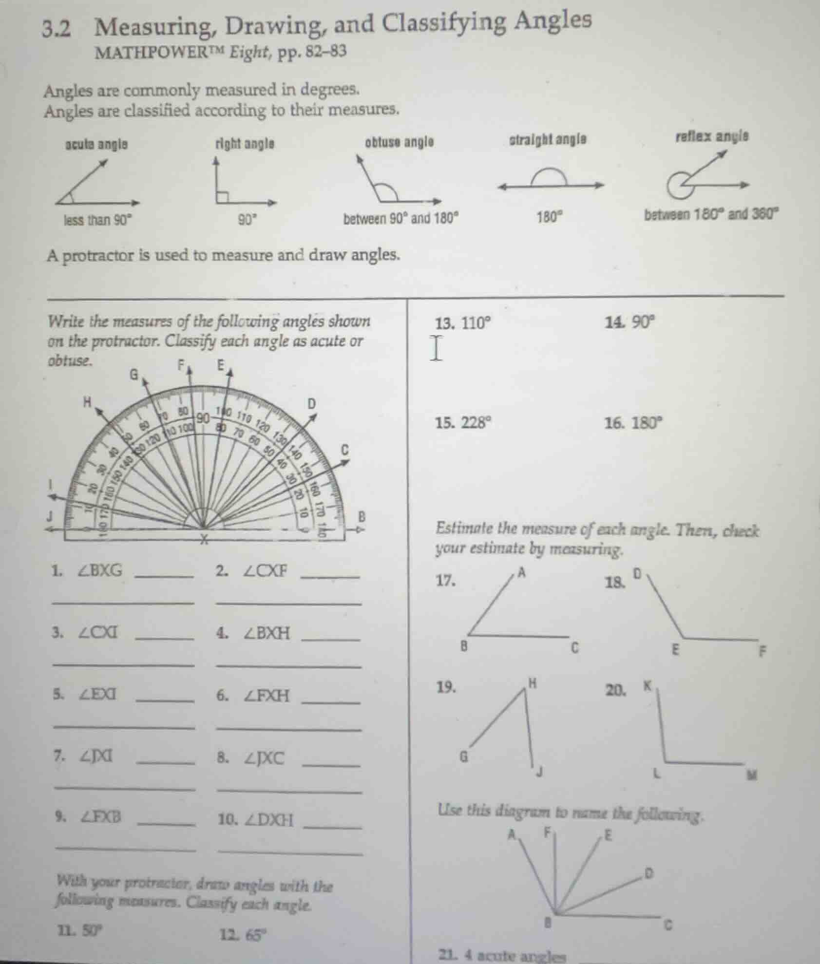 3.2 measuring, drawing, and classifying angles mathpower™ eight, pp. 82…