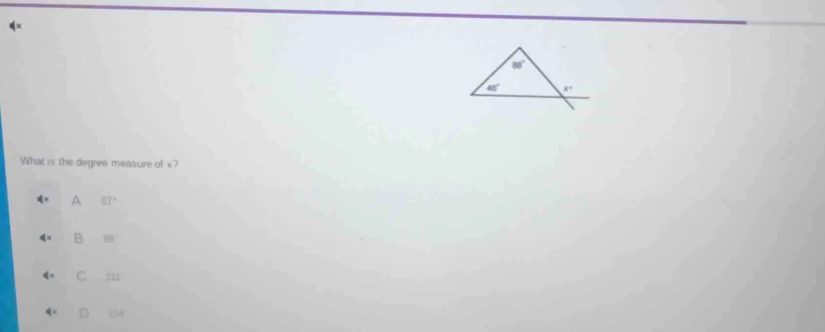 what is the degree measure of x? a 67° b 88° c 111° d 134°
