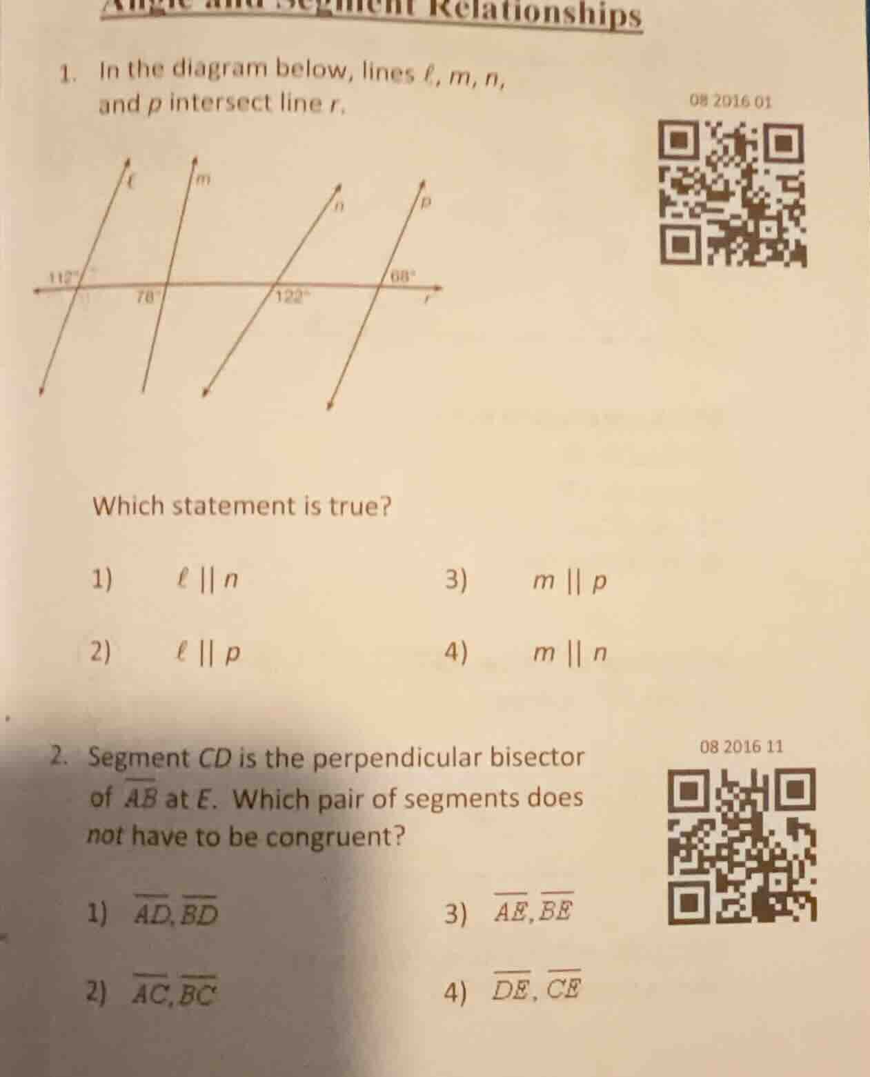 angle and segment relationships 1. in the diagram below, lines ( ell ),…