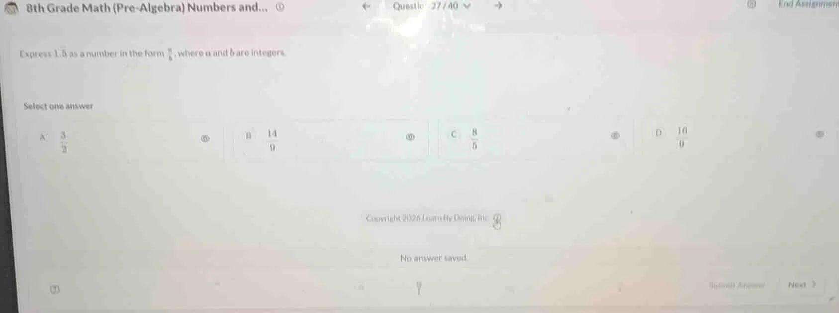 express (1.overline{5}) as a number in the form (\frac{a}{b}), where (a…