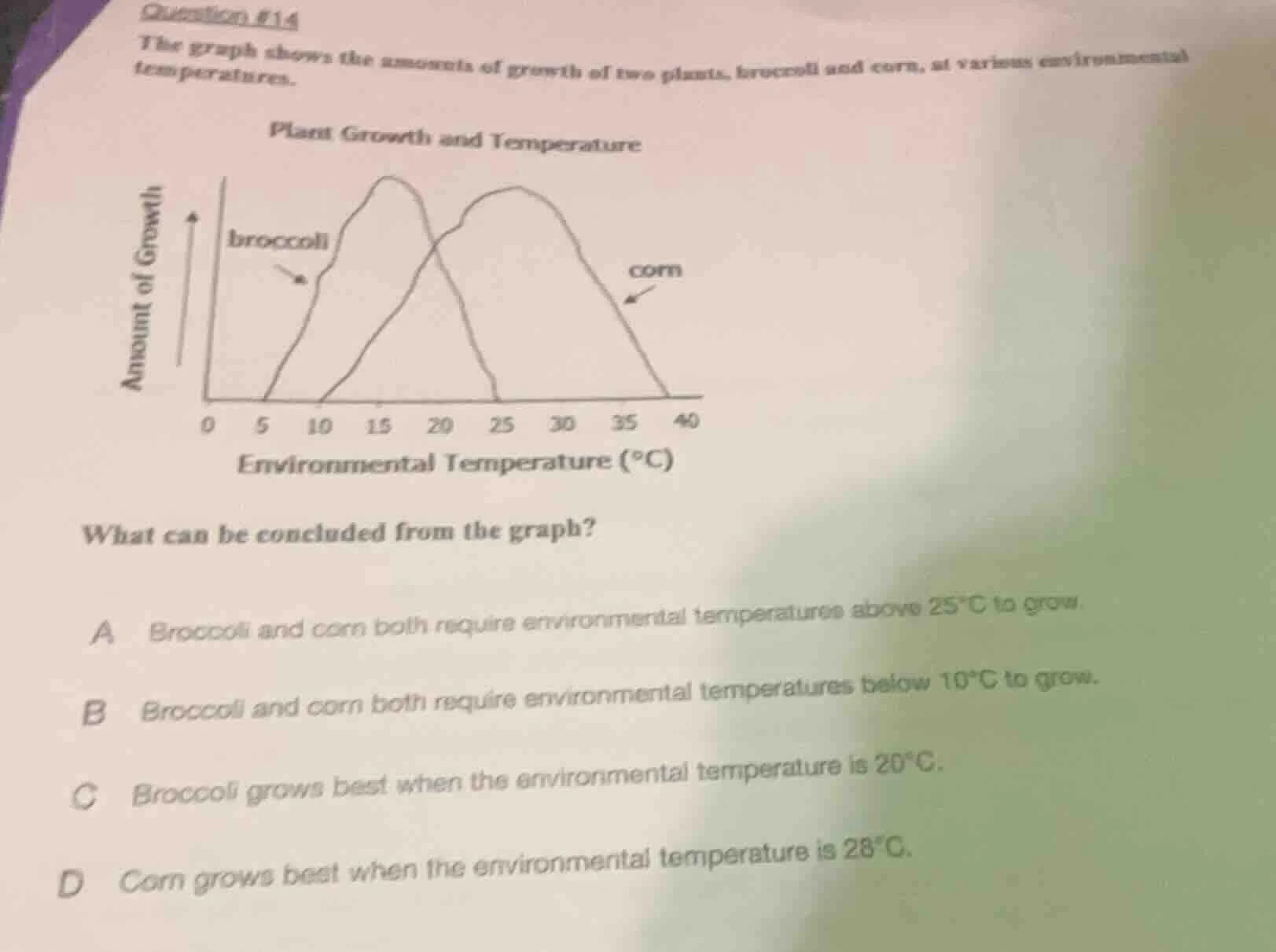 question #14 the graph shows the amounts of growth of two plants, brocc…